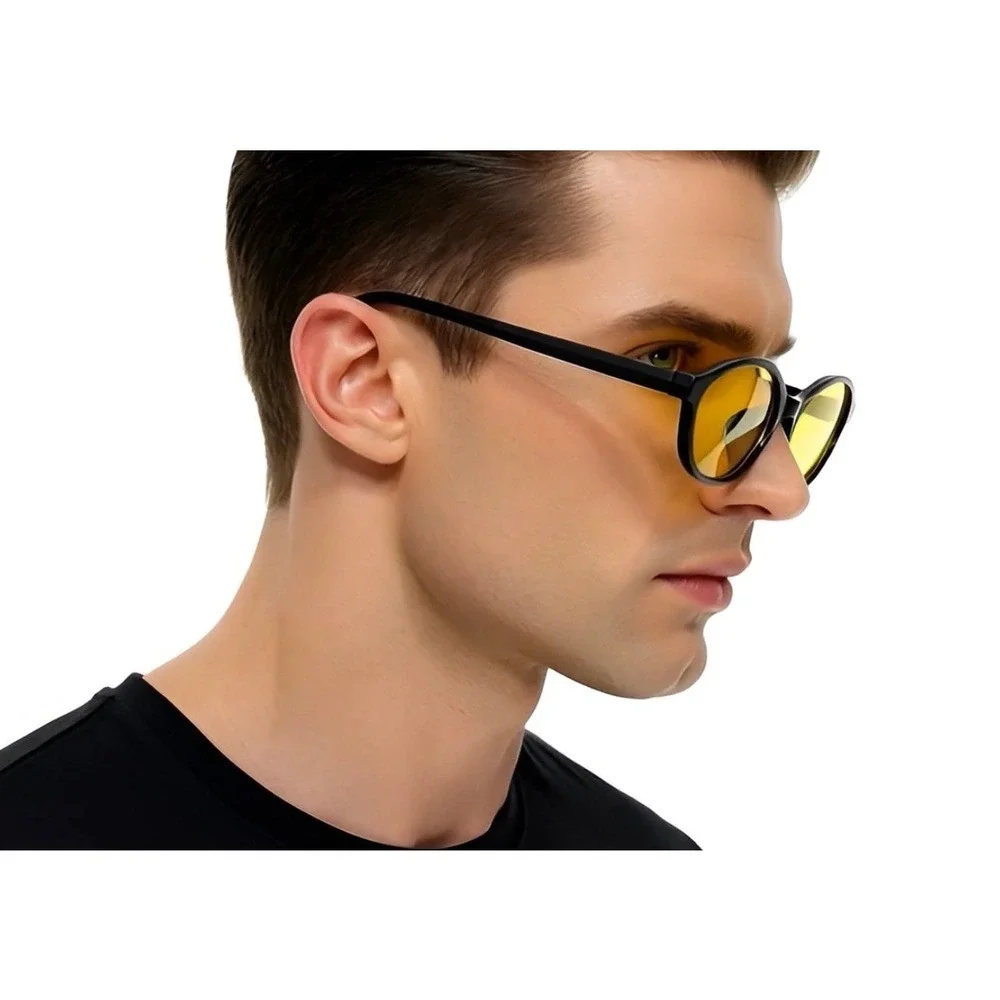 Black Oval Sunglasses Yellow Tint Lens Men‎ Fashion Eyewear Small Trendy Lentes